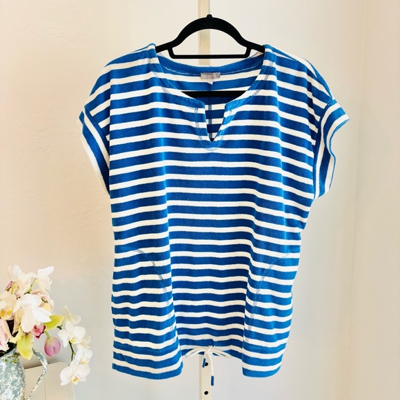 Talbots Blue & White Striped Terrycloth Short Sleeve Top Drawstring Hem, XL - Picture 1 of 7